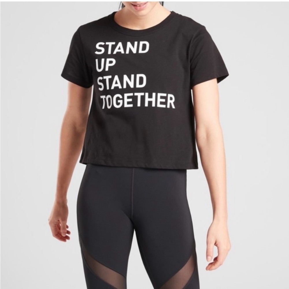 ATHLETA BLACK DAILY CROP TEE STAND UP GRAPHIC SIZE LARGE
